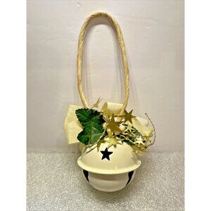 Christmas Jingle Bell Ornament White Metal 3" Rope Hang Stars Berries Leaves Bow